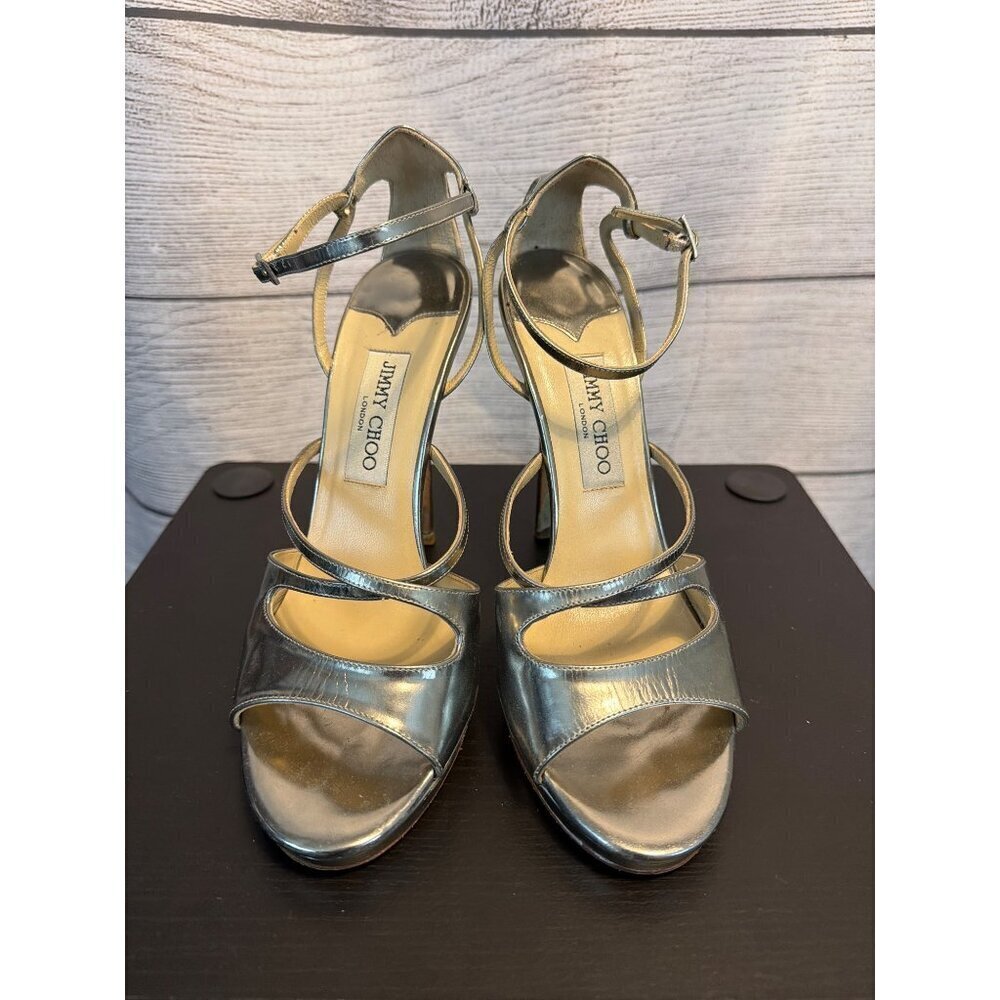 Jimmy Choo Metallic Silver Strappy Stiletto Heels Size 39.5